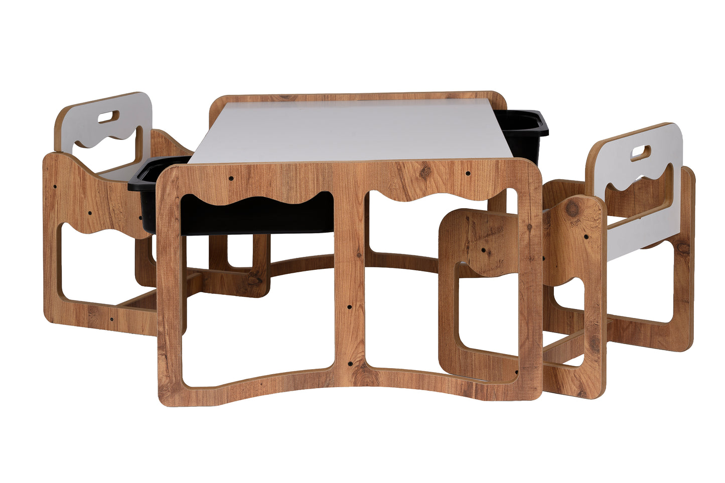 Houten Kindertafel met 2 Stoelen en 2 Zwarte Opberglades