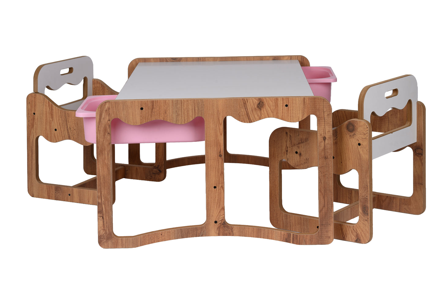 Houten Kindertafel met 2 Stoelen en 2 Roze Opberglades