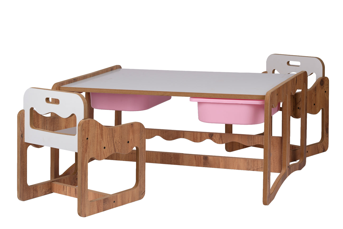 Houten Kindertafel met 2 Stoelen en 2 Roze Opberglades