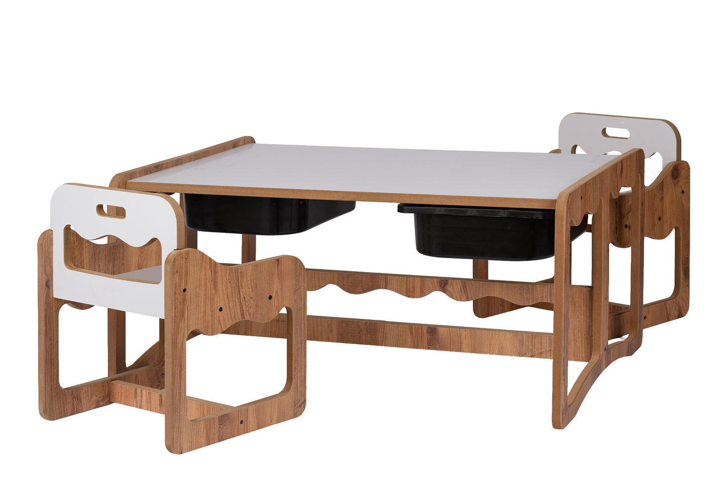 Houten Kindertafel met 2 Stoelen en 2 Zwarte Opberglades