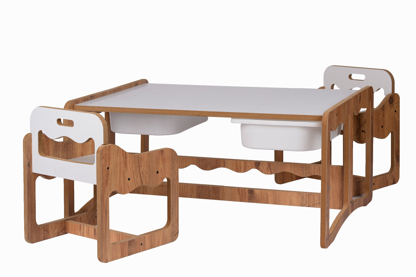 Houten Kindertafel met 2 Stoelen en 2 Witte Opberglades