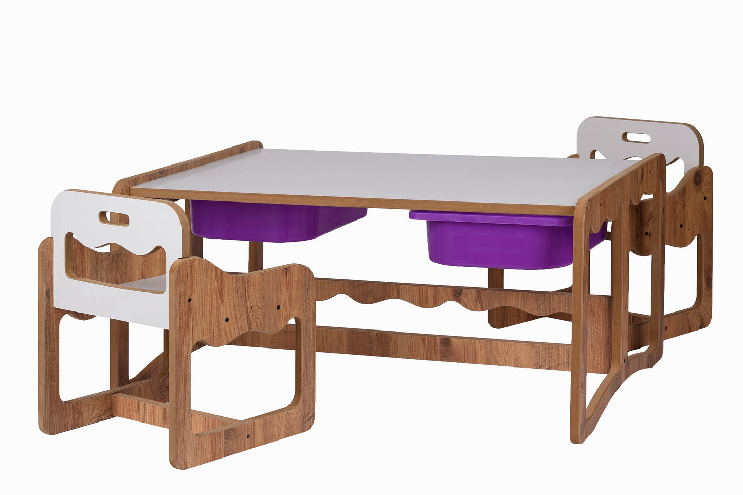 Houten Kindertafel met 2 Stoelen en 2 Paarse Opberglades