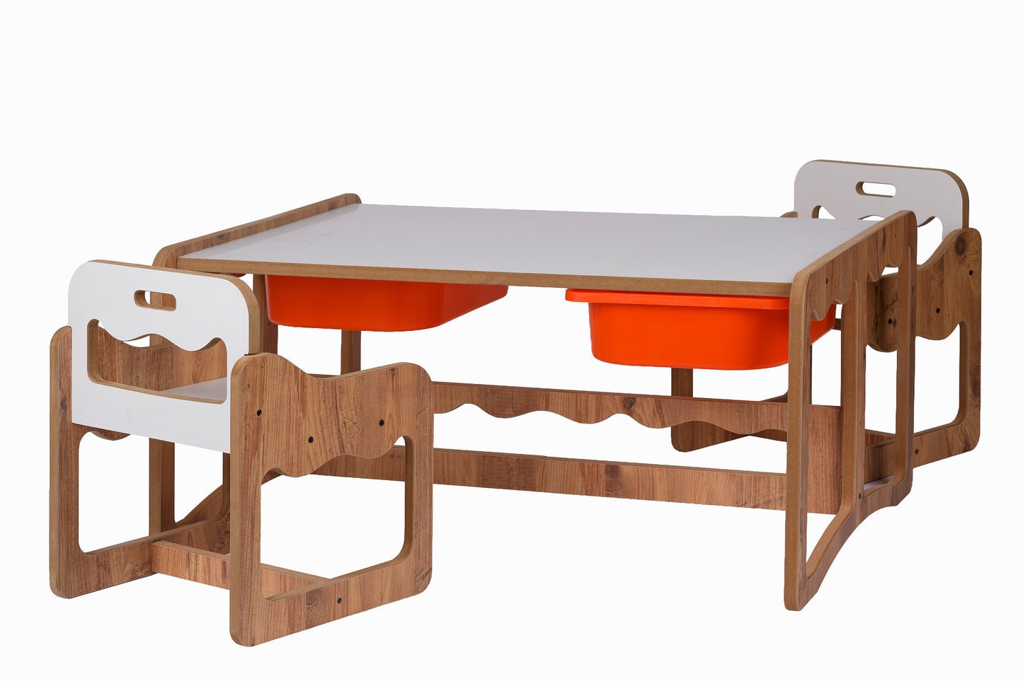 Houten Kindertafel met 2 Stoelen en 2 Oranje Opberglades