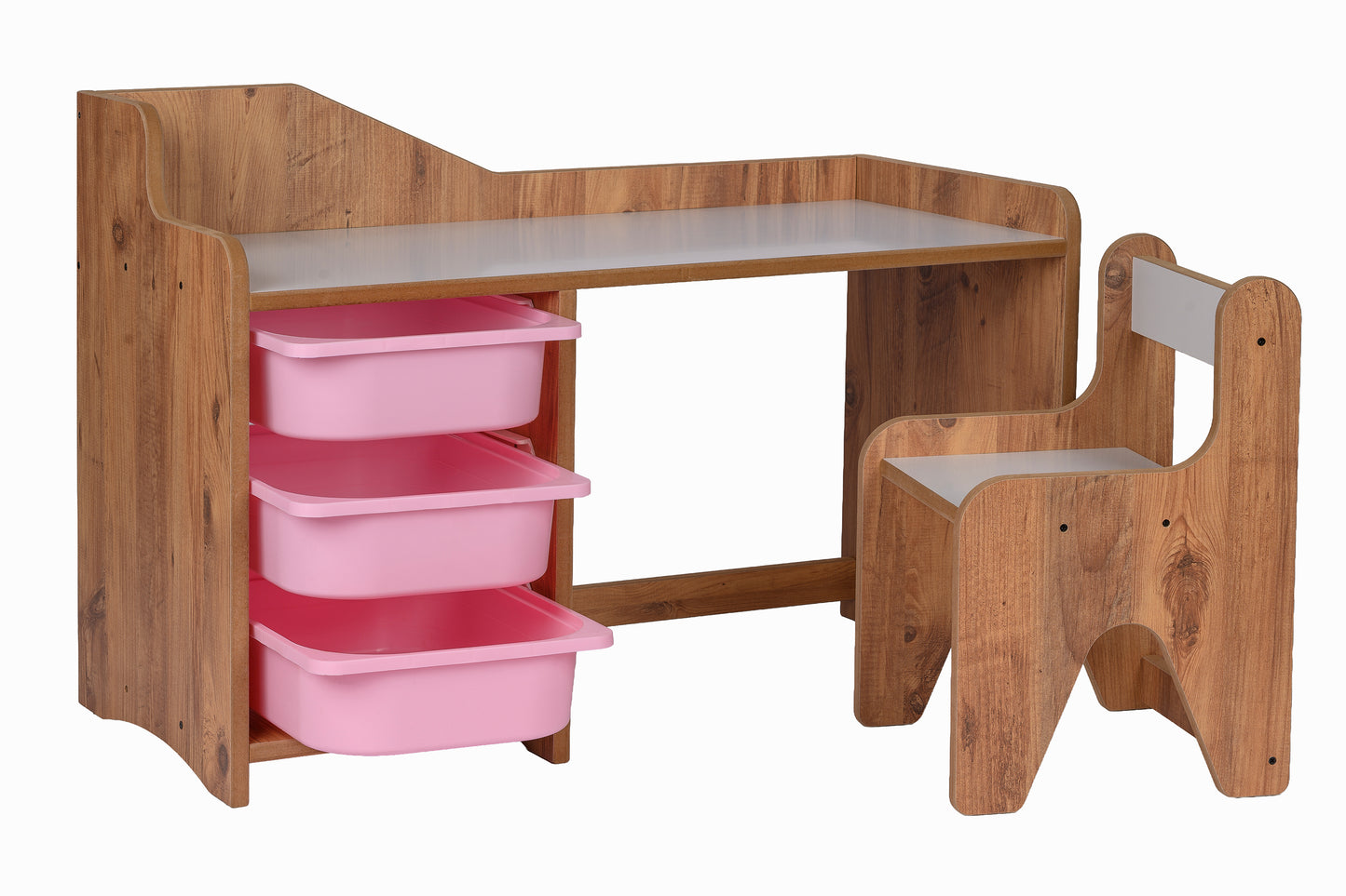 Houten Kinderbureau met Stoel en 3 Roze Lades