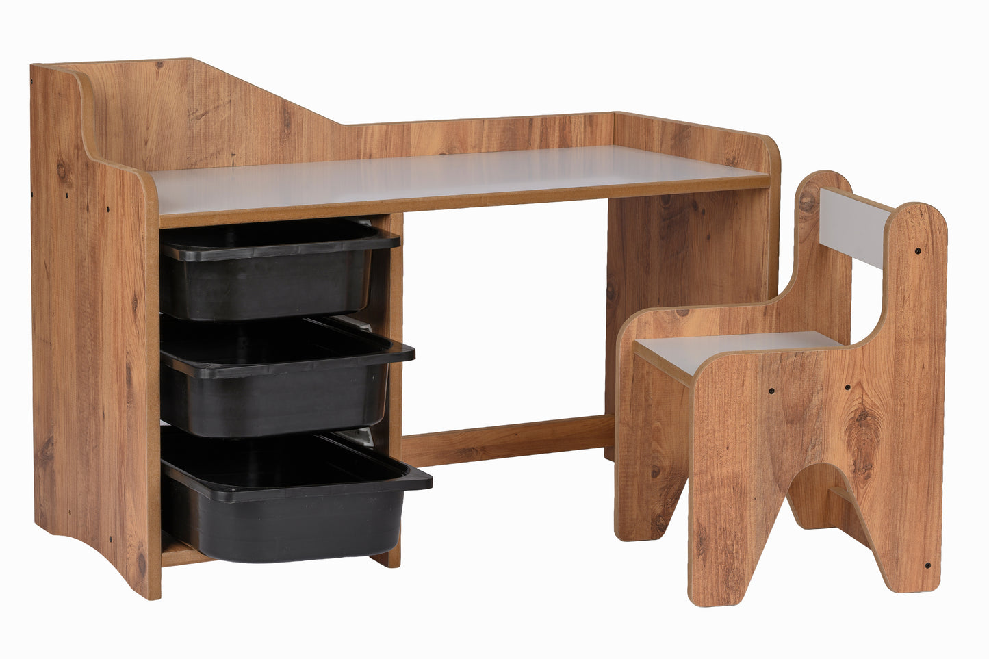 Houten Kinderbureau met Stoel en 3 Zwarte Lades
