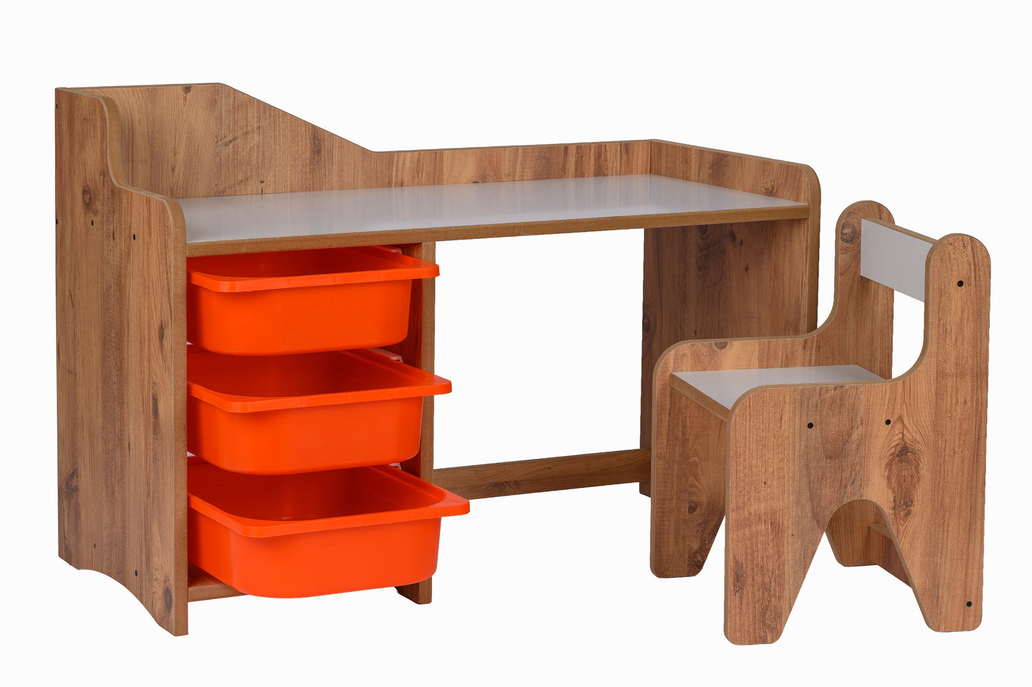 Houten Kinderbureau met Stoel en 3 Oranje Lades
