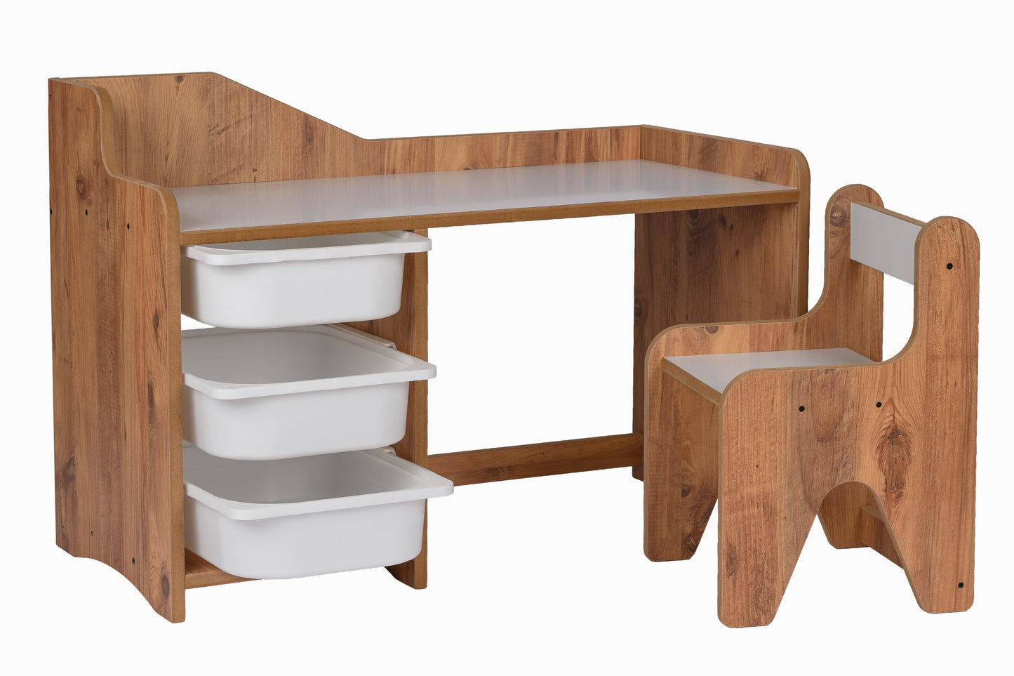 Houten Kinderbureau met Stoel en 3 Witte Lades