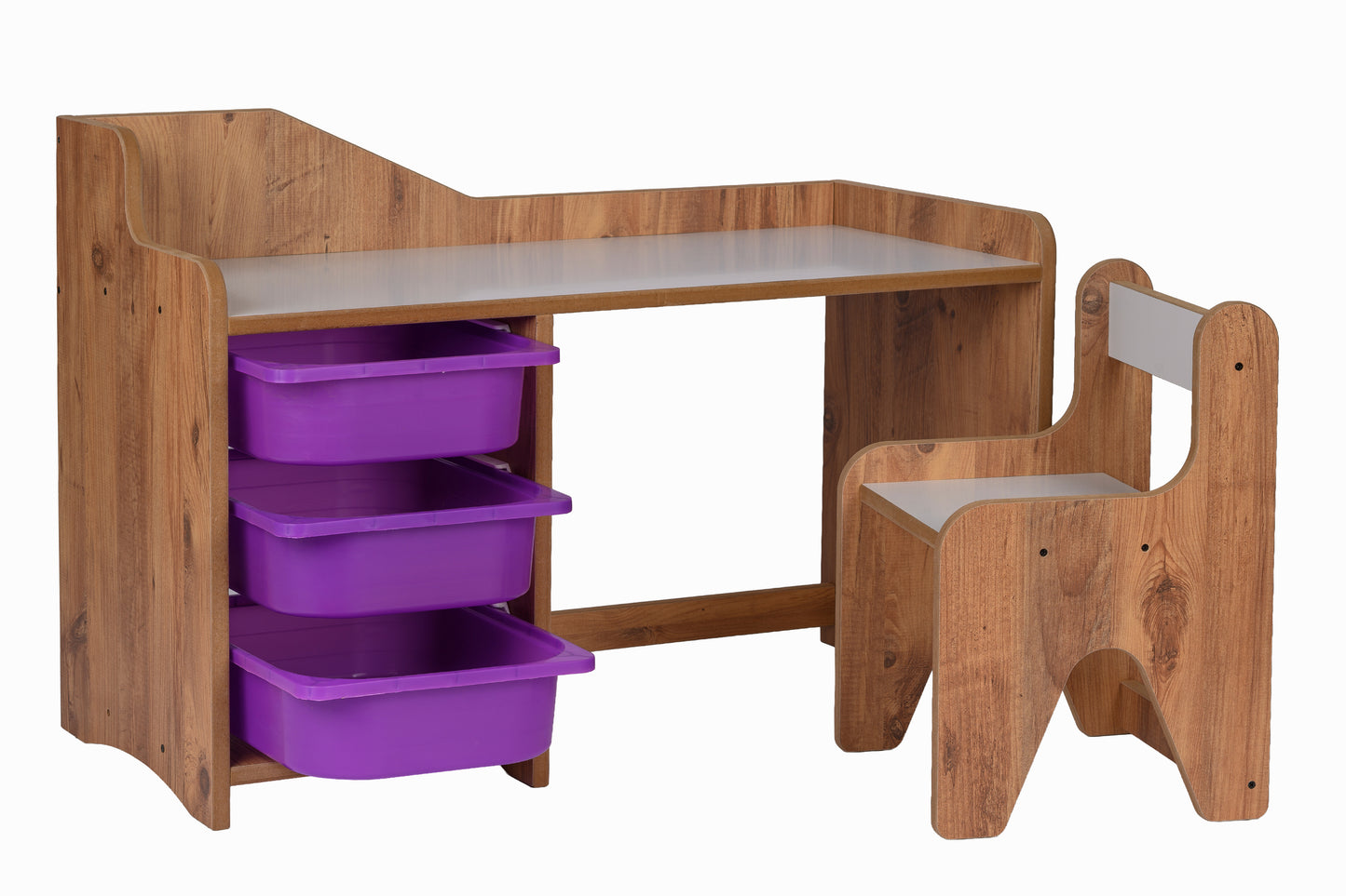 Houten Kinderbureau met Stoel en 3 Paarse Lades
