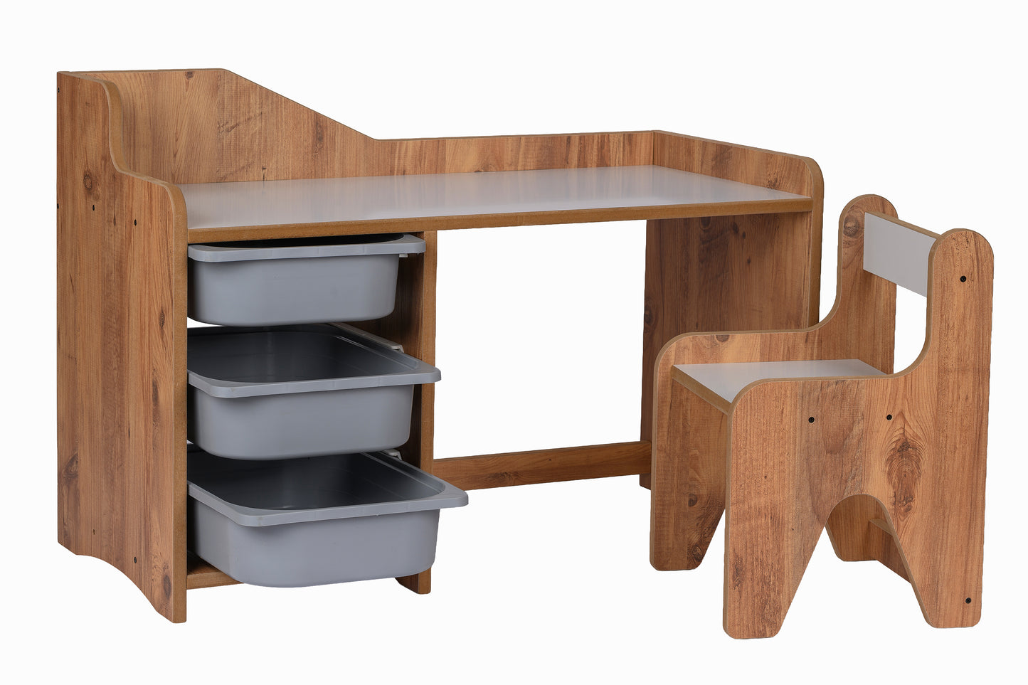 Houten Kinderbureau met Stoel en 3 Grijze Lades