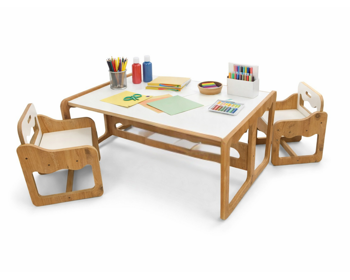 Houten Kindertafel met 2 Stoelen en 2 Witte Opberglades