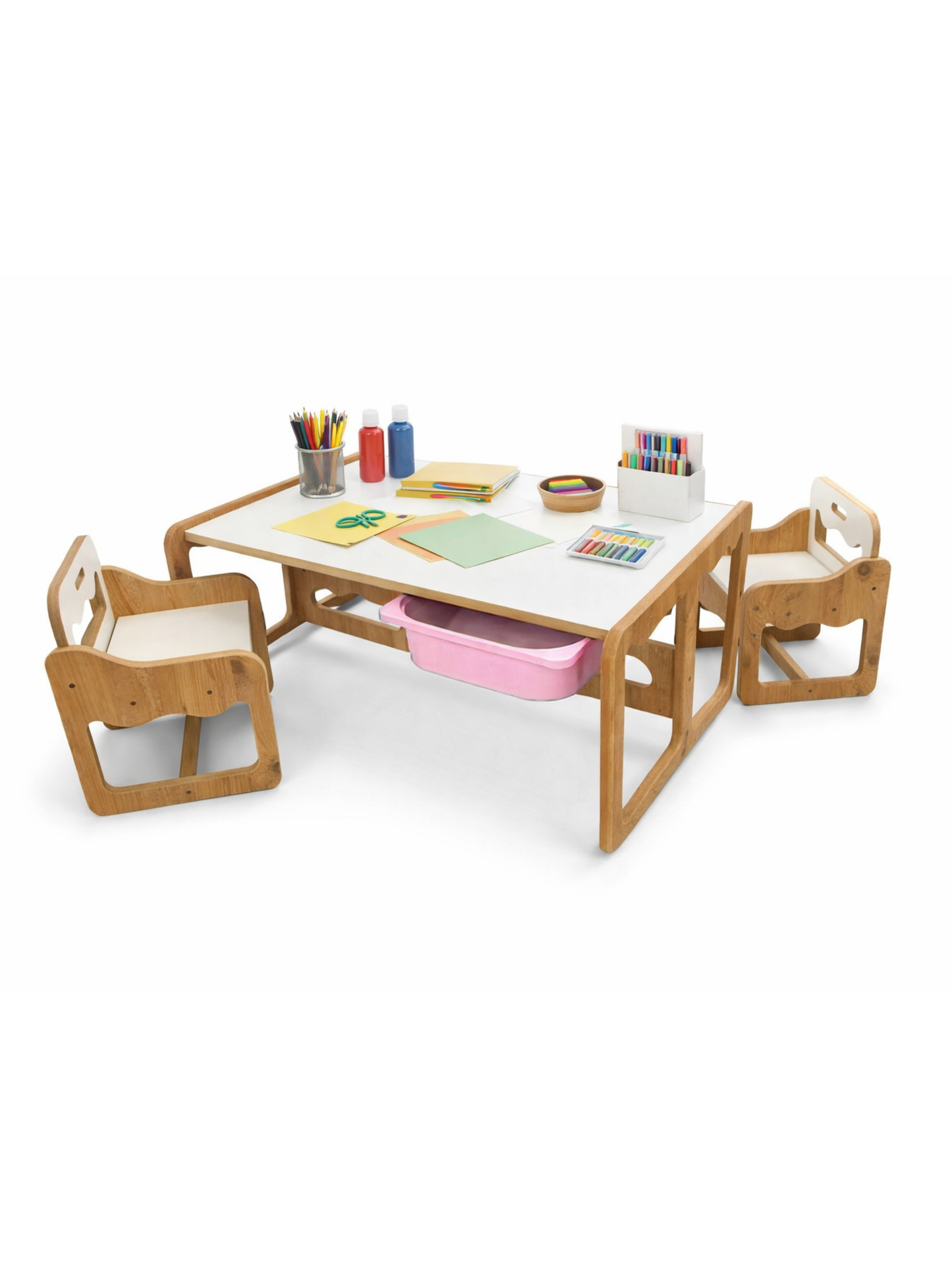 Houten Kindertafel met 2 Stoelen en 2 Roze Opberglades