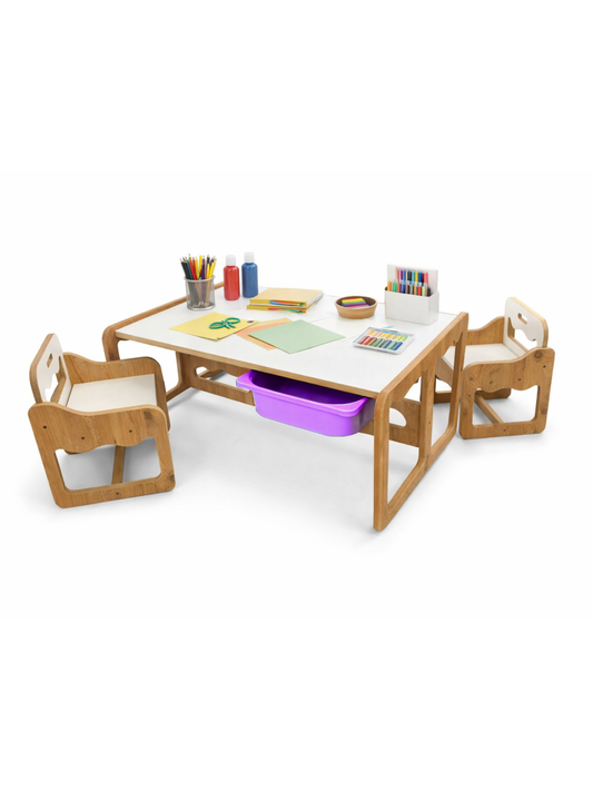 Houten Kindertafel met 2 Stoelen en 2 Paarse Opberglades