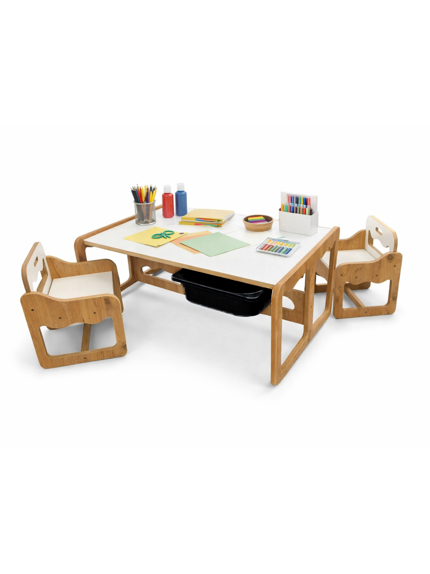 Houten Kindertafel met 2 Stoelen en 2 Zwarte Opberglades