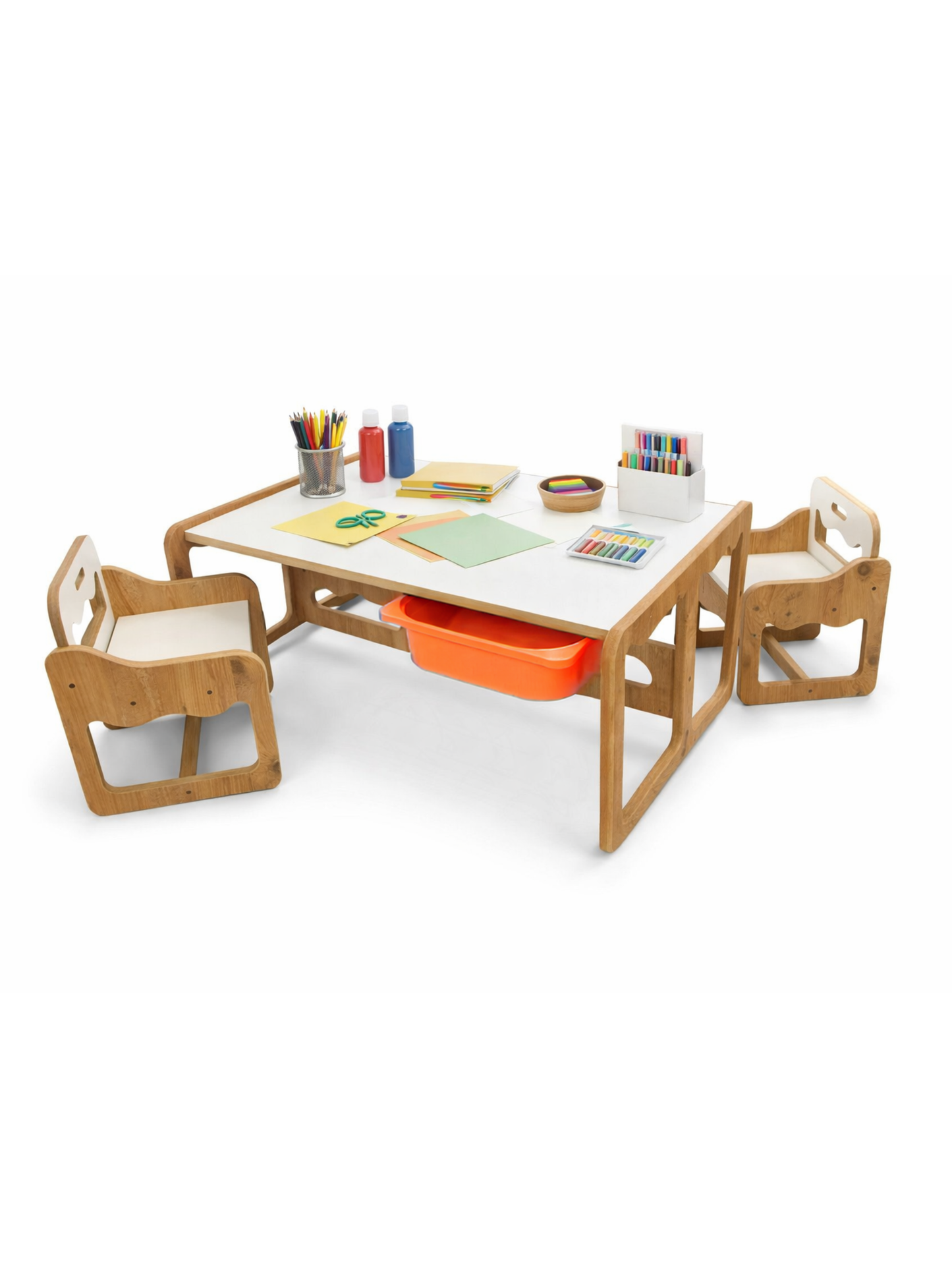 Houten Kindertafel met 2 Stoelen en 2 Oranje Opberglades