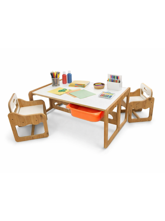 Houten Kindertafel met 2 Stoelen en 2 Oranje Opberglades
